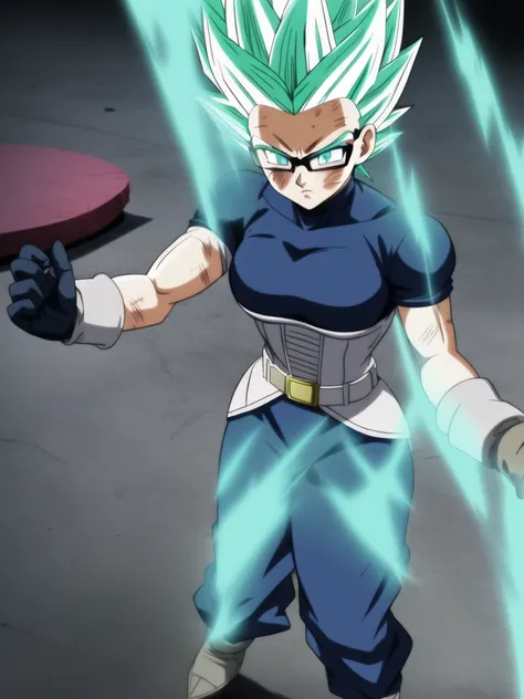 dbsuper style, 
Girls, green aura, belt, cyan hair, bruise, bruise on face, clenched hands, frown, glasses, gloves, blue eyes, grey gloves, injury, medium breasts, soft muscular, solo, spiked hair, super saiyan, super saiyan 1, Serious, militarys uniform, ...