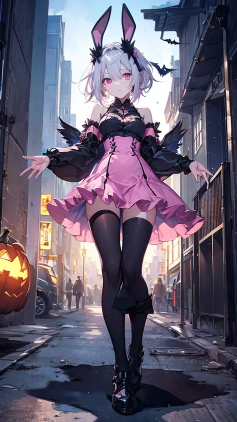 （Highest quality、High resolution、8k、mysterious、masterpiece：1.2）。Gatekeeper of Hell。In front of a gate that emits an evil aura、Halloween, Pumpkin,Anime she have a short silver hair, Pink long dress,Pink eyes,pink Bunny ears , beautiful face,,{{full body}}, ...