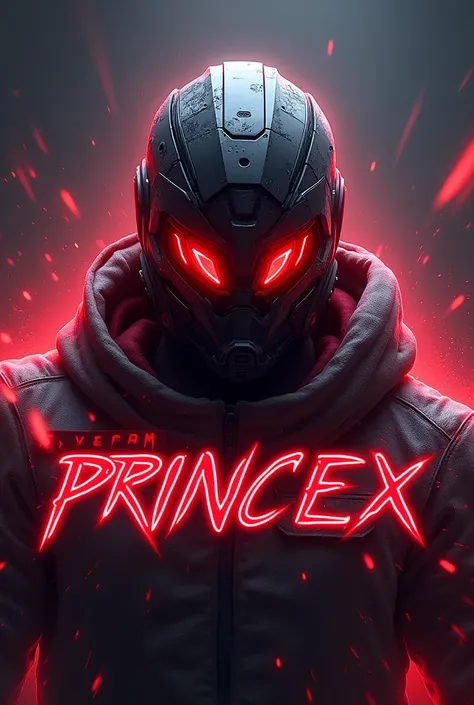 An action-packed esports announcement with a fierce helmet, glowing red eyes, and fiery red accents. The text Welcome PrinceX to Xypher Esports as All-Rounder and Part-Time Rusher should be displayed prominently, with PrinceXs name in bold, futuristic font...