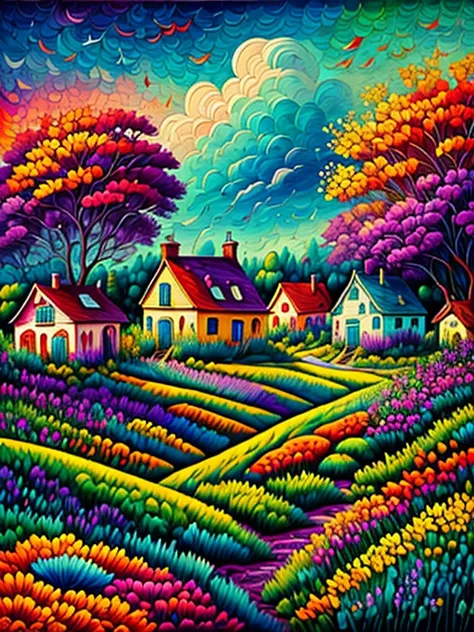 painting of a field of flowers with houses in the background, colorful oil painting, breathtaking art, by John Lowrie Morrison, colorful scene, vibrant oil painting, colorful painting, colorful landscape painting, colorful art, expressive beautiful paintin...