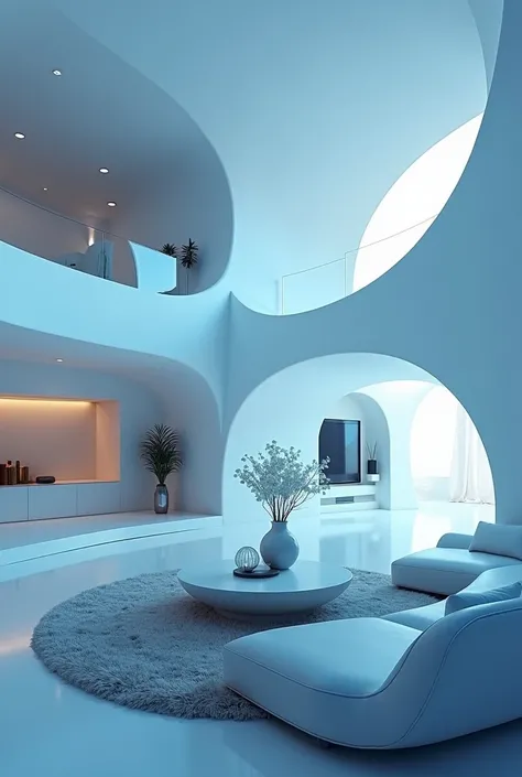 A cinematic shot of a UHigh Definition, High details, Super detail, high quality, 8k, High Definition, Zaha Hadid futuristic style, Living room, white color and texturea