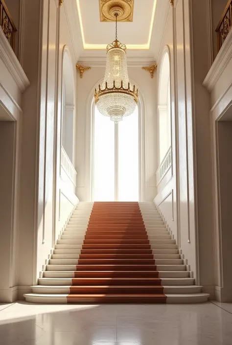 A hall with a long staircase, the floor made of wood and the walls of white marble and a chandelier on the ceiling