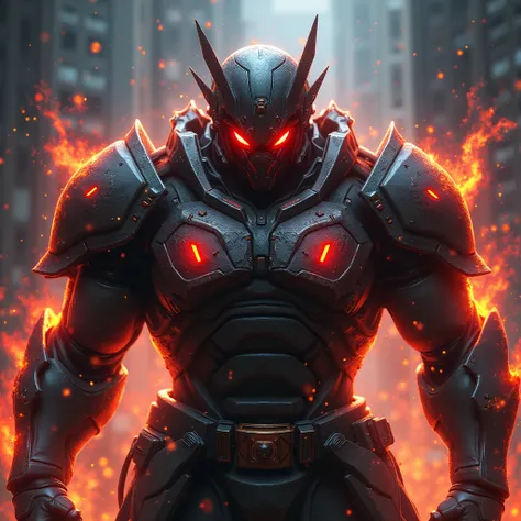 An action-packed a fierce helmet, glowing red eyes, and fiery red accents.  as All-Rounder and Part-Time Rusher should be displayed prominently, The background should be dark with intense textures, digital effects like sparks, light trails, and motion line...