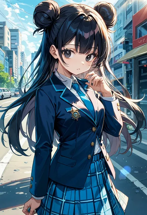 ((best quality)), ((Masterpiece)), (details), Young woman, (Medium bust, black hair, black eyes, ((long hair, buns)) ,(Bangs),Hip fart,Long eyelashes,Thick eyelashes)  , School uniform、Dark blue blazer jacket、Blue tie、Dark blue plaid mini skirt),white coll...