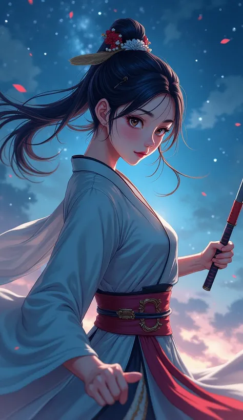 Wearing traditional Asian clothing,Beautiful female warrior,Fighting with a short knife,Beautiful night sky,Big eyes,Long eyelashes,Detailed nose,Detailed mouth,anime.