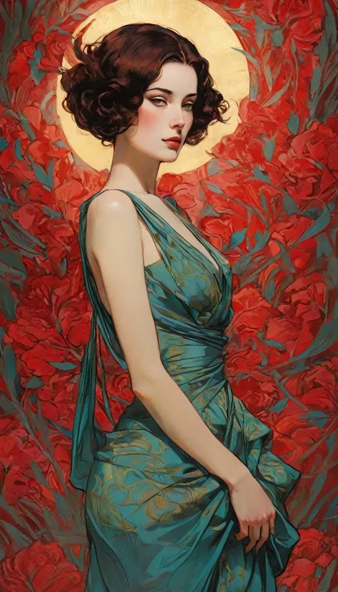 Sensual illustration of an elegant queen using chiaroscuro (((short hair without bangs:1.4、gorgeous eyes) , high qualiy ,silk dress, Fosca ink, John Singer Sargent, author：Katsuya Terada、 very soft colors, Deep and vivid, Deep pastel red, very detailled, T...