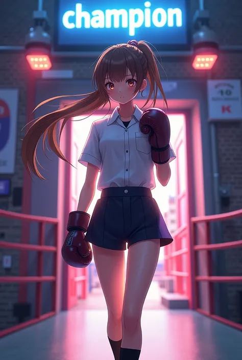 One Girl、ponytail、(Bloomers, Gym suit:1.5)、Uniform shirt、Boxing gloves、Brown Hair、The entrance gate under a large monitor with the word &quot;champion&quot; written on it、Runway extending from the entrance、Ultra-detailed face and eyes、Walking with one arm ...