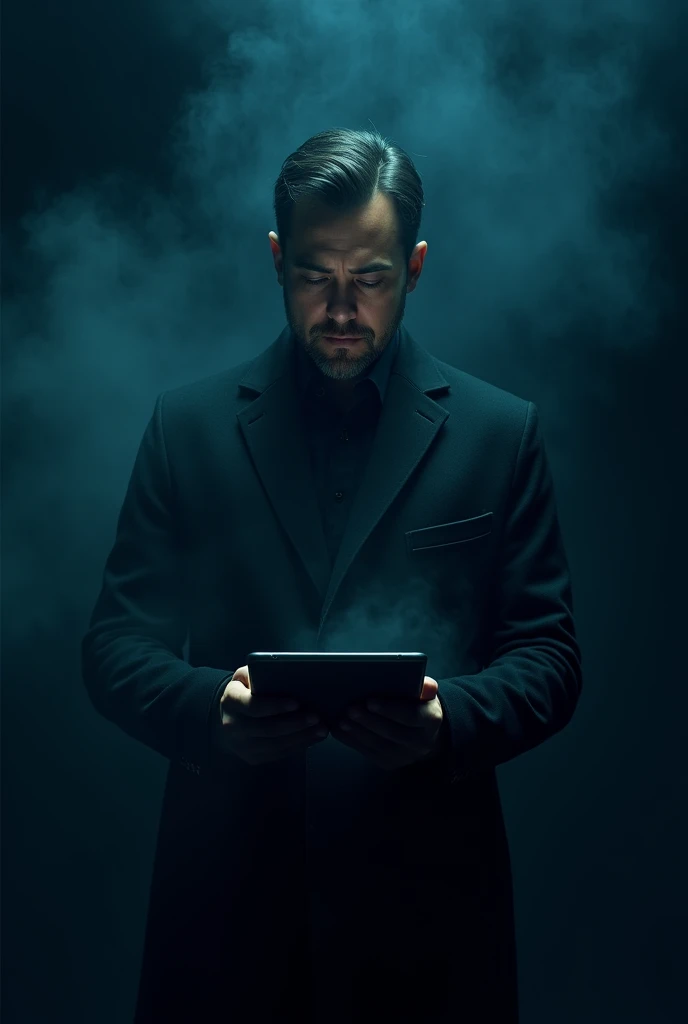 "Create a detailed image of an entrepreneur, dressed in a dark coat, in a high contrast environment with a completely black background. The predominant tones should be light and dark blues., subtly illuminating the entrepreneur&#39;s face and THE large TAB...