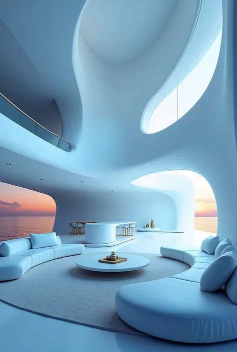 A cinematic shot of a UHigh Definition, High details, Super detail, high quality, 8k, High Definition, Zaha Hadid futuristic style, Living room, golden wrap Furniture white tones and textures, ocean background, sunset