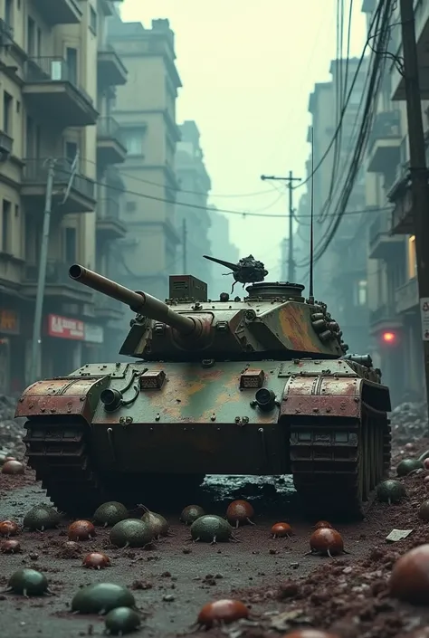 best quality, masterpiece, realistic, post apocalypse, There are strange bugs near the abandoned K2 black panther tank., destroyed city, Blood around, movie lights, 8K UHD resolution, bizarre atmosphere