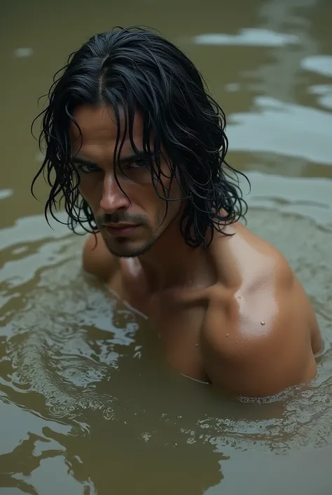 man, long hair, muddy water around, emerges from the water, side view , look at the camera , wet 