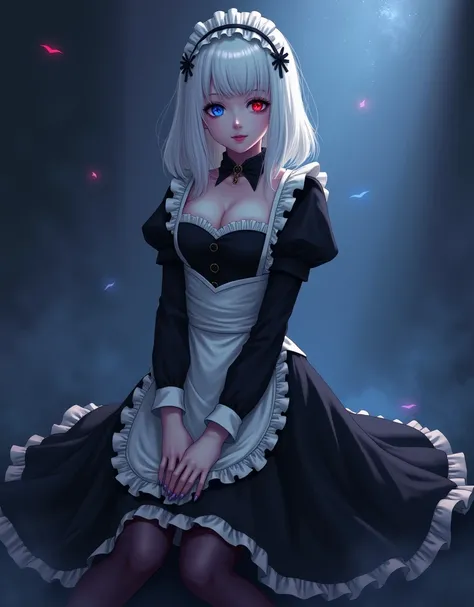 A stunning masterpiece of high-resolution portraiture., full body, A detailed and lengthy story of a vampire girl., Straight white bangs,medium length hair, Shiny white hair and one blue eye that is eerie red., Dressed in a jet-black Victorian maid outfit ...