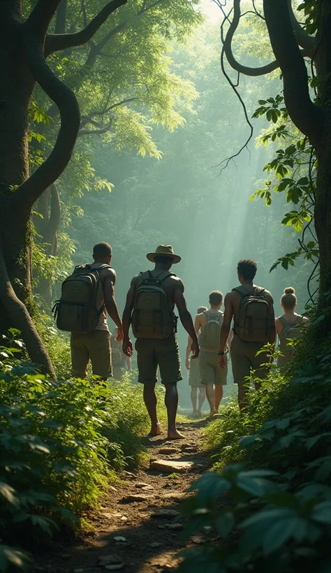 * Prompt image: "A black group of people looking for a treasure in a dense forest."