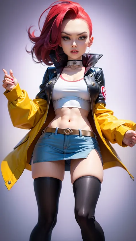 Jessie from pokemon team rocket,  short tight skirt, short open jacket, crop top