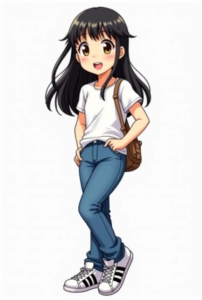 Girl 1, with black hair, coiled hair, Brown eyes, with fair skin, blue jeans, White shirt, adidas shoes, Cheerful, anime style, 4K, White background 