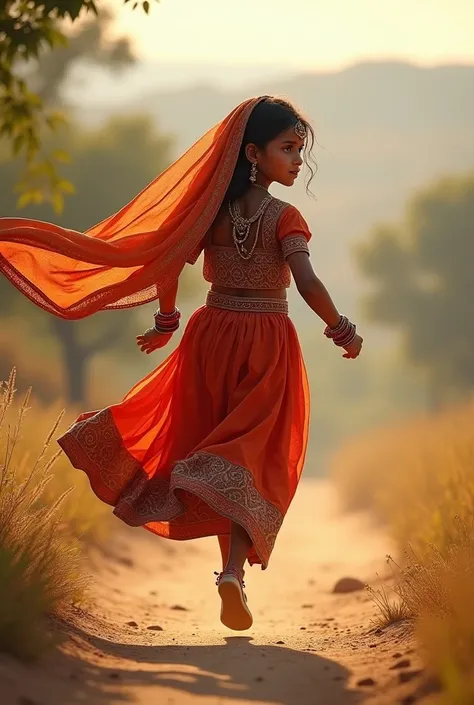 Indian Rajasthani girl wearing traditional long lehnga with dupatta on head wearing jewlary running and watching behind 
