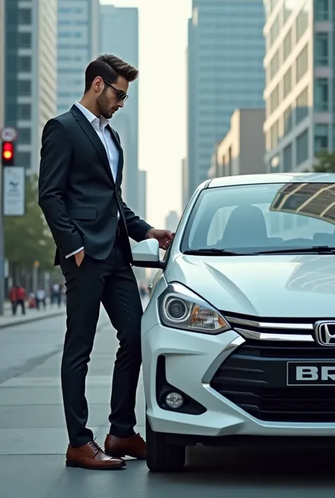 Handsome man using eyeglass with white honda brio