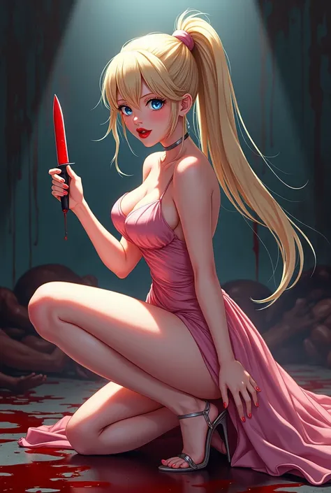 Anime style. Seductive and alluring serial killer woman.  Long ponytailed blonde hair with brilliant blue eyes and cherry red lips.  Wearing a pink sundress with strappy heels.  She is posing with a bloody knife in her hand. In the background is a pile of ...