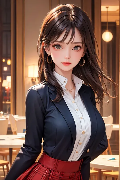 ((high quality)), ((tabletop)), (detailed face), (highlight), woman、big breasts、heavy bangs、black髪、skirt、blazer、white、black、red、