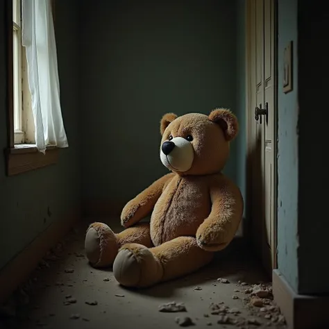 Teddy bear in abandon house, photorealistic, 