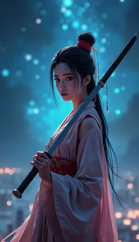 Wearing traditional Asian clothing,Beautiful female warrior,Strong body,Has a short knife,Beautiful night sky,Big eyes,Long eyelashes,Detailed nose,Detailed mouth,cyber punk.