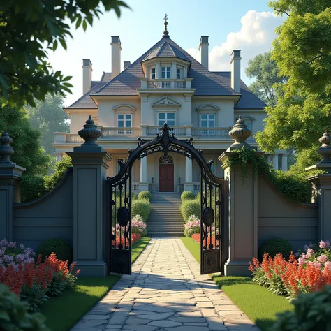 A 4-story mansion with a balcony on the second floor, It has an extensive garden in front covered with flowers and the path to the entrance is made of stone.. It has a large gate around it with a large wolf coat of arms on the front showing that important ...