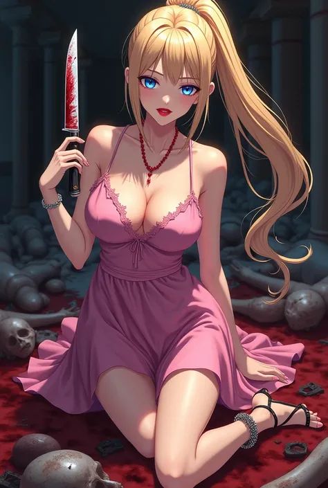 Anime style. Seductive and alluring serial killer woman.  Long ponytailed blonde hair with brilliant blue eyes and cherry red lips.  Wearing a pink sundress with strappy heels.  She is posing with a bloody knife in her hand. In the background is a pile of ...