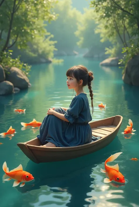 Beautiful girl kid wearing  dark blue gown and sitting in boat with her legs in water enjoying the view and orange fishes are swimming in the water