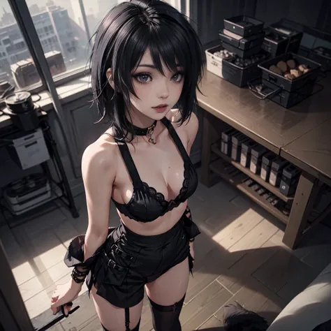 1 girl, Woman, emo_coiffure, black lipstick, Dog Collar, eyeliner, ombre, smoky eyes, realistic lighting, shorth hair, standing, sexy military outfit, sleeveless. without bra, witheout panties