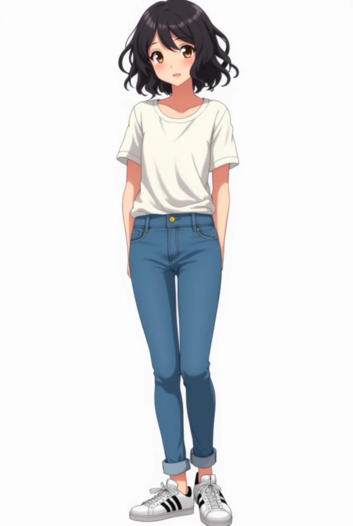 Girl 1, with a height of 170,with black hair, coiled hair, Brown eyes, with fair skin, blue jeans, White shirt, adidas shoes, Cheerful, anime style, 4K, White background 