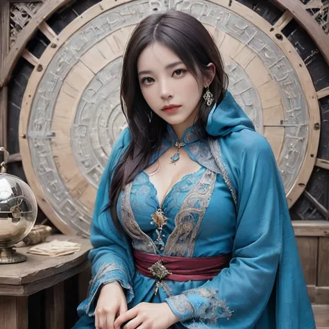 Overall body orientation: frontal. Female fortune teller. Charming, beautiful and mysterious. She wears a blue cloak over her head and has a clear face. The background is bright and glittering. The atmosphere is full of anxiety and anticipation. The fortun...