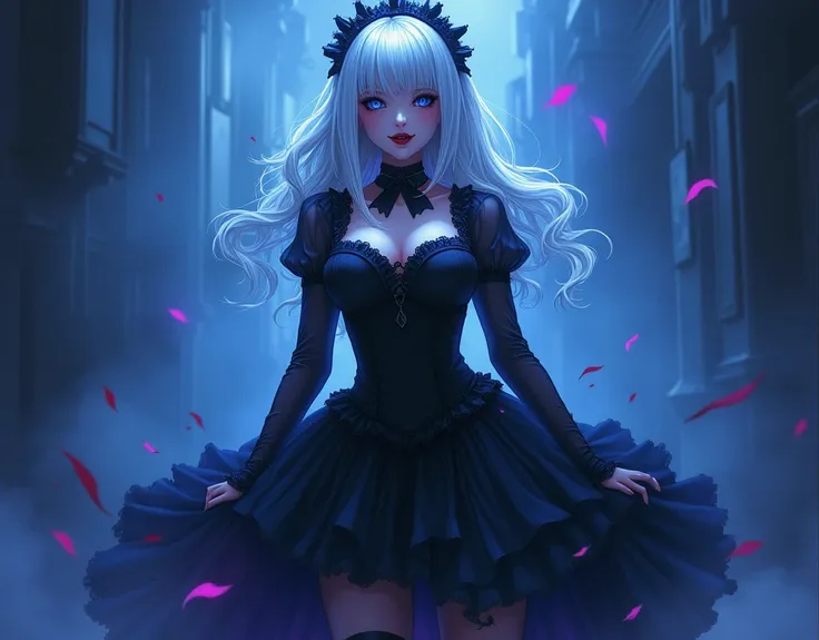 A stunning masterpiece of high-resolution portraiture., full body, A detailed and lengthy story of a vampire girl., Straight white bangs,medium length hair, Shiny white hair and one blue eye, red with a scary face., Dressed in a jet-black Victorian maid ou...