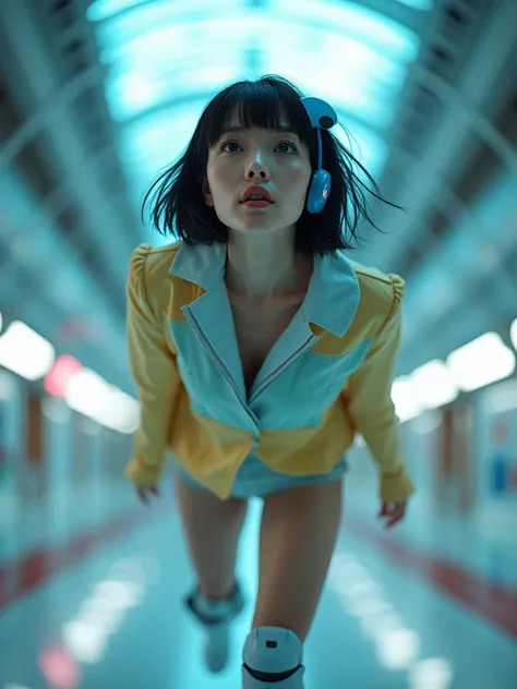 from below, Japanese woman, pretty face, short cut hair, bangs, black hair, bangs, blurred background, blur, background is future disco , chromatic aberration, knee high, looking up, motion blur, Photo_Curly, future robot armor , blue future robot hair acc...