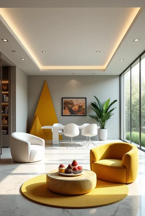 Professional 3d architecture rendering design of modern and minimal and high tech and parametric design for architecture office with light gray  parametric  4 chairs and  4 desks tables  with elegant materials and modern ceiling lighting and the yellow scu...