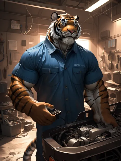 huge muscular fury tiger, garage, mechanic, muscular shirts, realistic, semi-realistic, masterpiece, smile,, high resolution, anatomically correct, award winning, best quality, uhd, super detailed