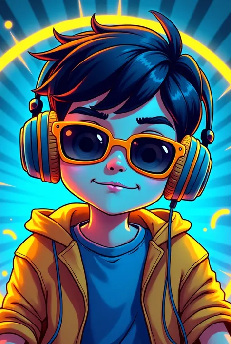 Cartoon boy comic beground gaming logo name SOMYO GAMER neon light blue and yellow headphones and thugs life glasses 