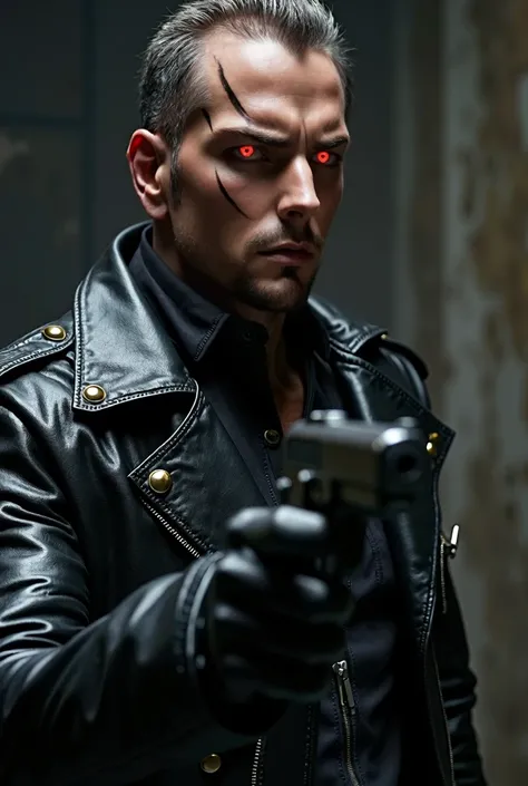 un terminator arnold t 800, wearing black leather jacket, holding a gun, detailed metal exoskeleton, Bright red eyes, aggressive expression, Elegant text in the reading below "See you later baby", dark and moody lighting, Dramatic cinematic lighting, photo...