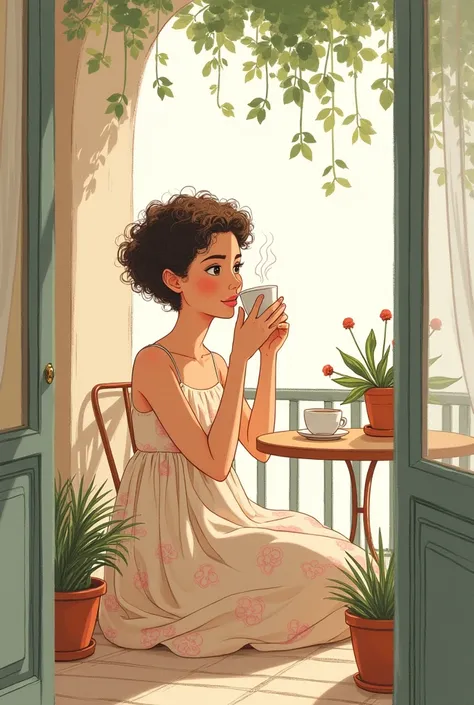 Make a woman with short curly hair, drinking coffee on your simple balcony, wearing a floral dress with spaghetti straps, smoke coming out of the cup, with plants in pots, in the form of a drawing 