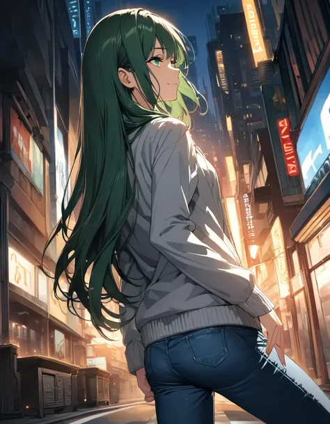 ((masterpiece)、(absurdres)、(ultra detailed)、(8k),Anatomically correct,(Anime illustration:1.1),(solo lady),(shiny dark green hair),(dark green eyes),(straight long hair),BREAK,small breast:0.9,BREAK,casual jacket,casualshirts,denim pants,Sprint,running pos...