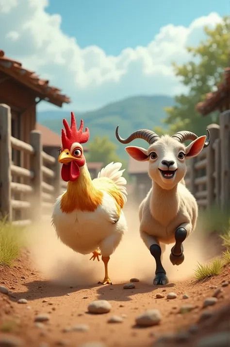 A chicken chasing a goat