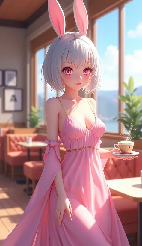 Stylish cafe counter、Cafe latte with heart mark、Sparkling light effect、Bright and open atmosphere、Sunlight streaming through the window、Modern and warm interior、Panoramic view of a cafe with latte, she have a short silver hair, Pink long dress,Pink eyes,pi...