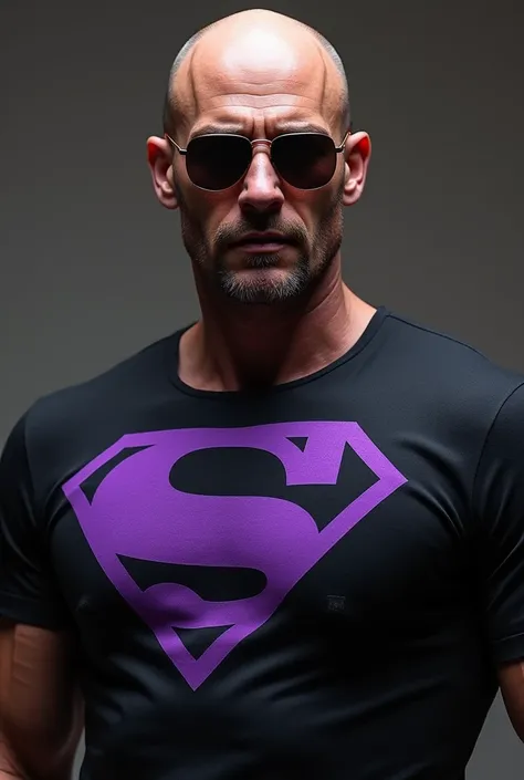 A bald man with sunglasses and a goatee wearing a black and purple El Hero shirt