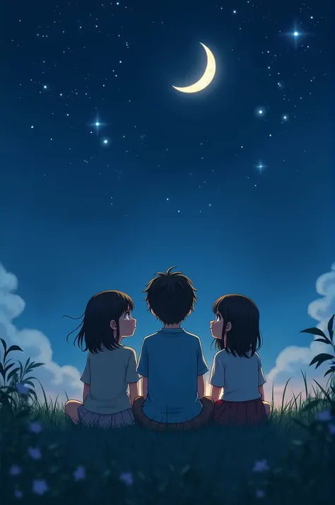 1 boy in middle and 2 girls in his side same height and sitting together and seeing moon and stars