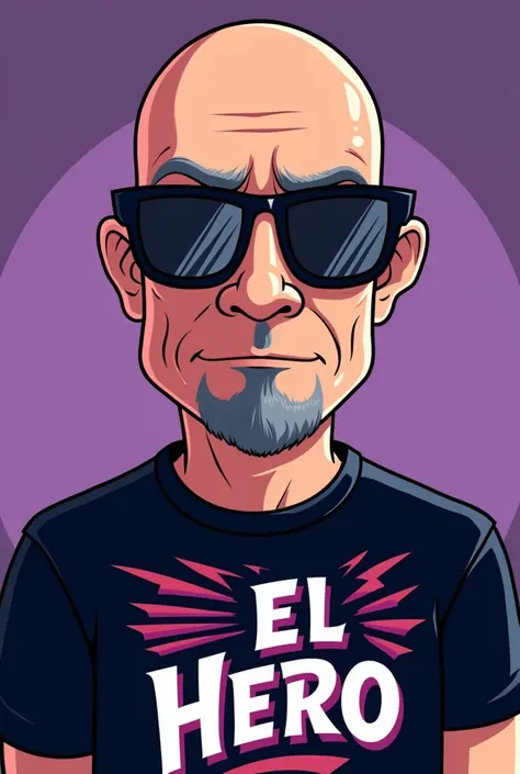 A bald man in a cartoon with sunglasses and a goatee wearing a black and purple El Hero shirt