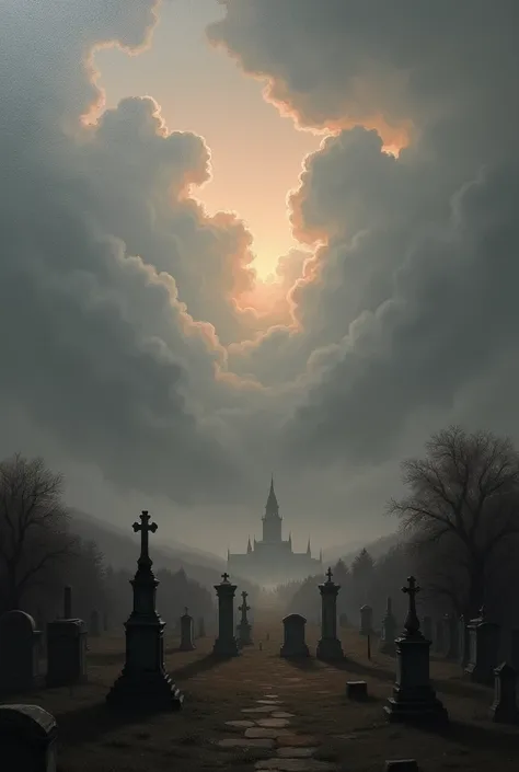 painting,color tone slightly red ,lots of grey, clouds as main image. A cemetery is viewed through a hole in the clouds. 