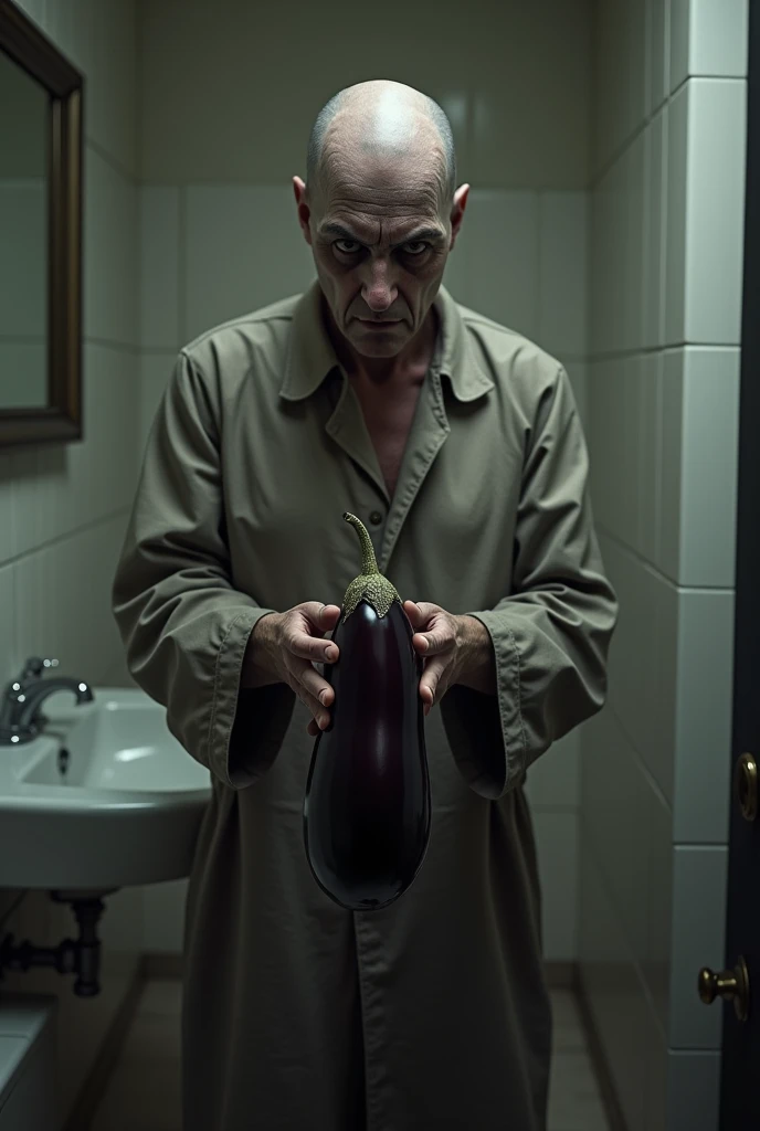 Create a hyper-realistic 3D image of a man who looks extremely sad and sick, standing in his bathroom. His face is pale, with dark circles under his eyes and a deeply exhausted expression. He is holding a large aubergine in both hands, which is flaccid and...