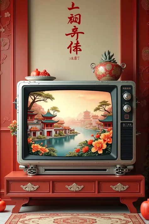 A robotic TV with a touch of chinese culture and Heritage with fusion of food and artificial developments. It has written over it (Life In China) in the middle of the picture. The shape of the picture should be rectangular. 