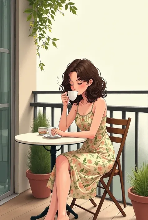 Make a brunette woman with medium curly hair, sitting at the table drinking coffee on her large, simple balcony, wearing a floral dress with spaghetti straps, smoke coming out of the cup, with plants in pots, in the form of a drawing 