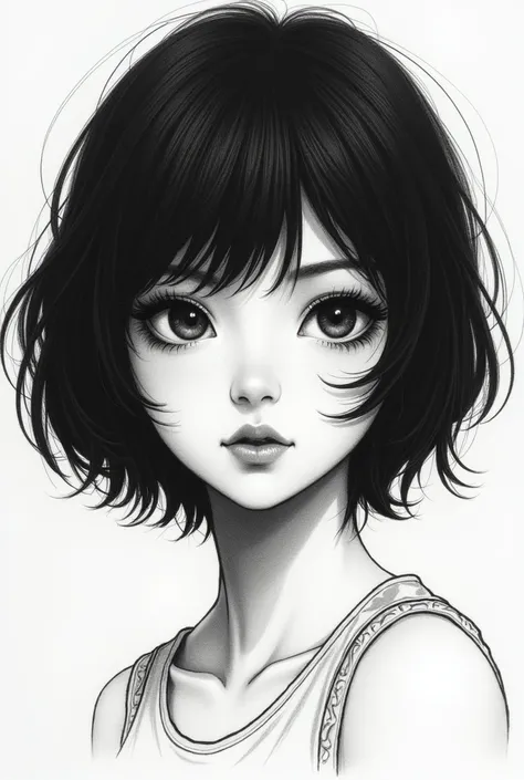 1girl, solo, monochrome, greyscale, short black hair, portrait, T-shirt, closed mouth, looking at viewer, sketch, graphite (medium), detailed lips, hatching (texture), without makeup, bangs, upper body, (best illustration), (best quality), (very detailed),...