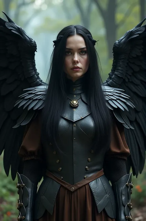 Cinematic shot of Emilia Clarke wearing a large blackish brown demonic raven feather armor with long straight medium black hair. He has a raven body and wears a shiny brown satin shirt under his armor.. Emilia Clarke standing in an enchanted forest. The ba...